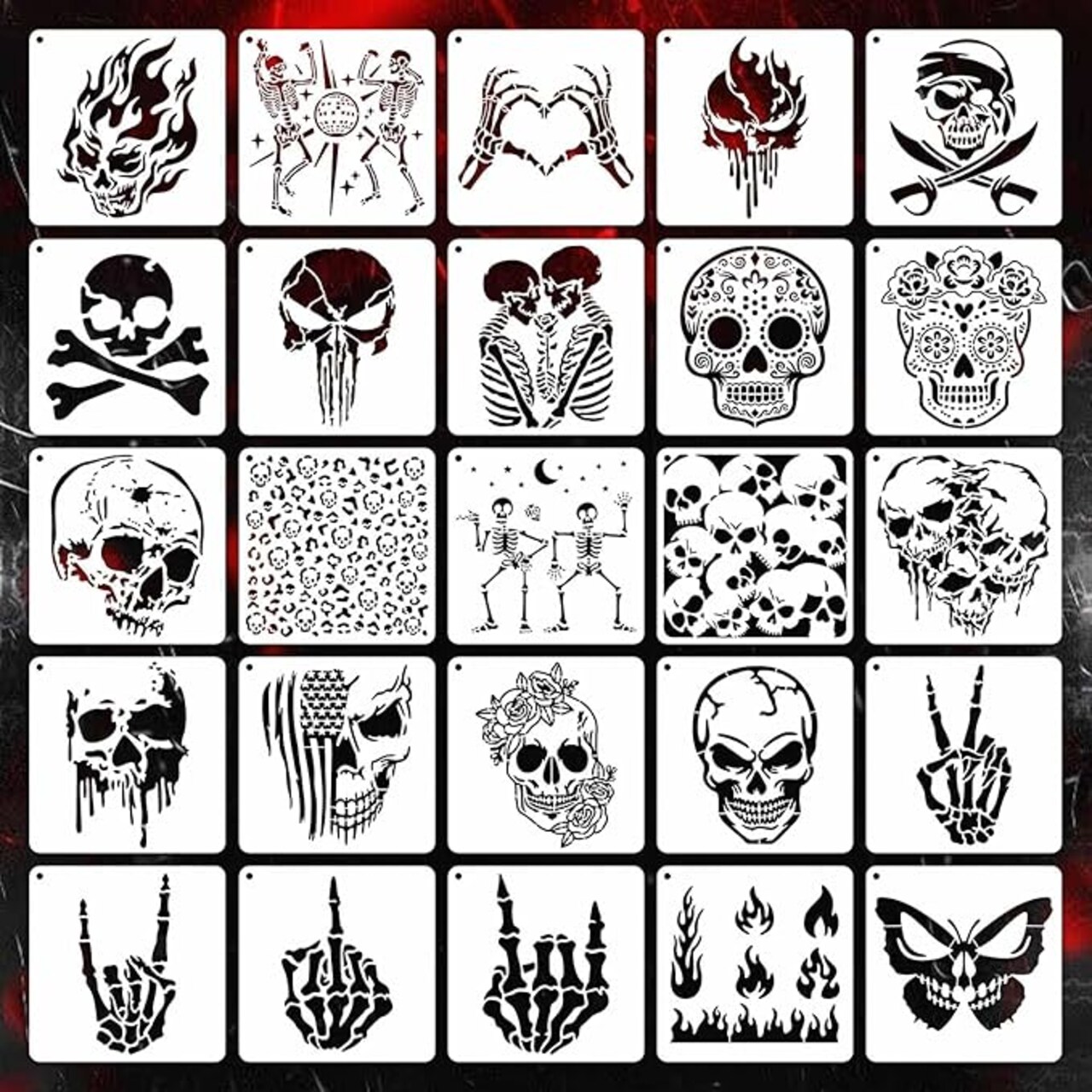 6 Inch Skull Stencils for Painting on Wood, 25 Pieces Reusable Drawing Skeleton Hand Finger Templates, Spray Paint Stencil for Wood Burning Wall Airbrushing Canvas Fabric DIY Craft(Skull)